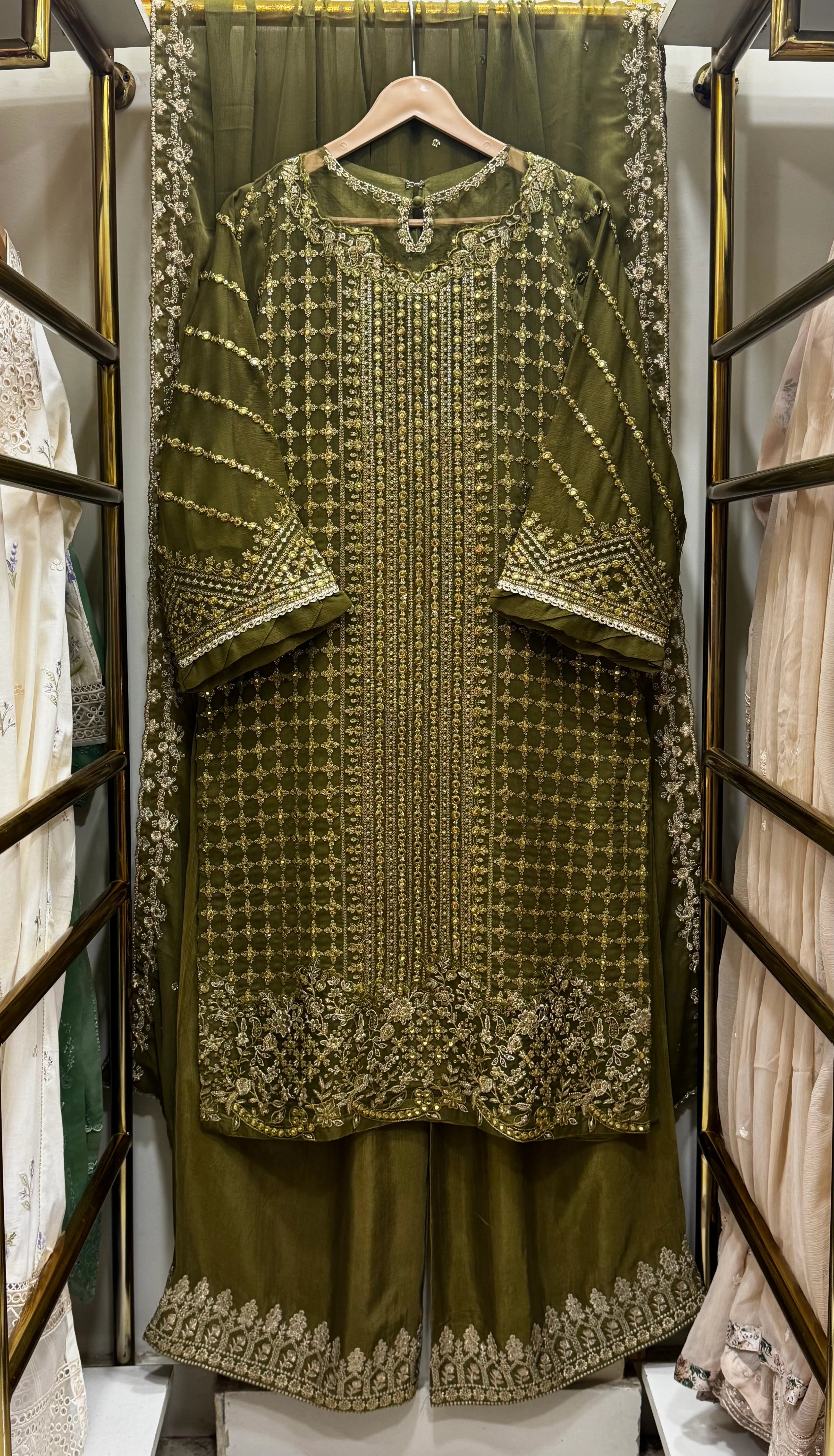 Luxury Gilded Olive Chiffon Embroidered 3-Piece Suit