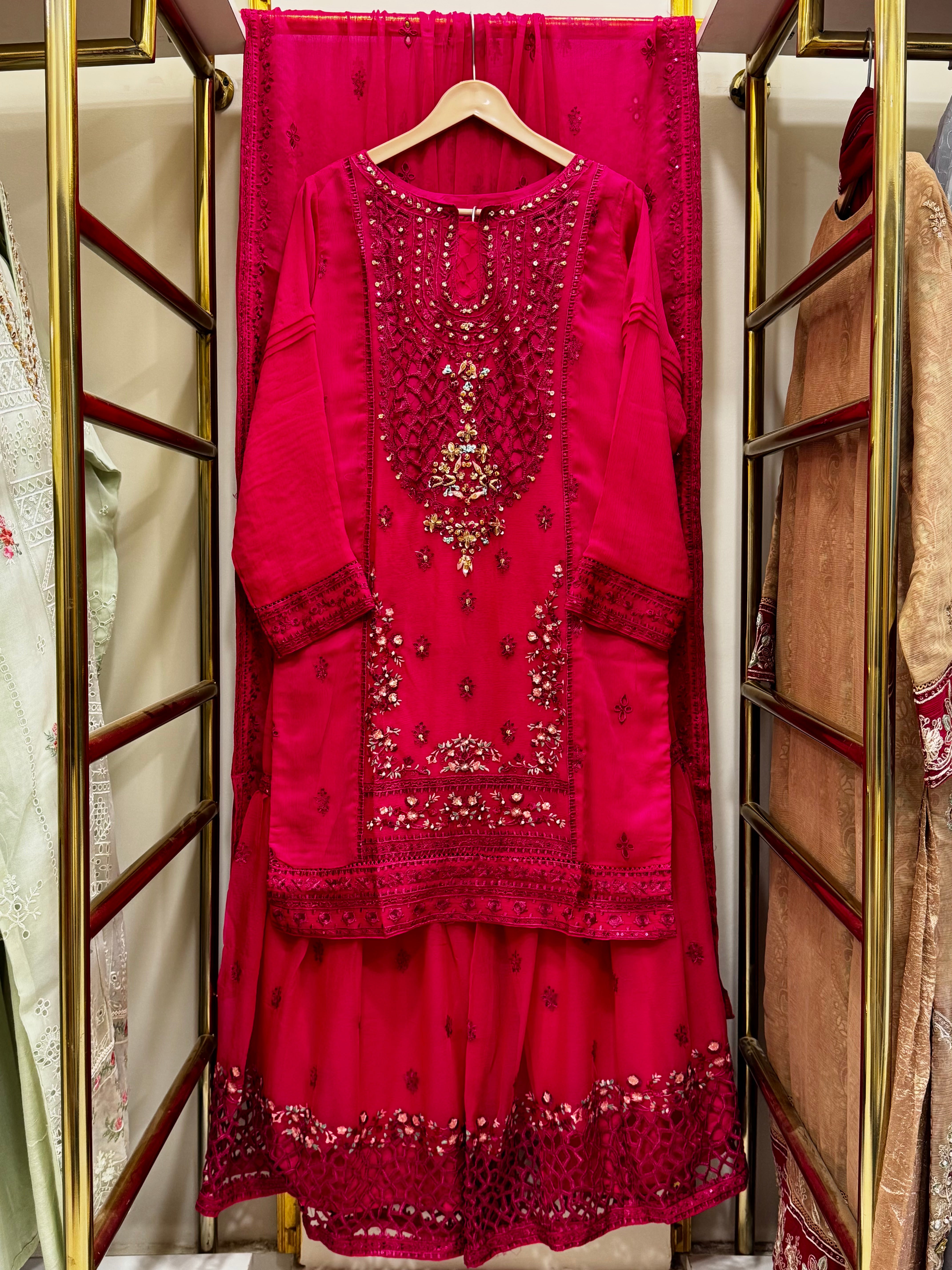 Chiffon Gharara Embroidered 3-Piece Suit