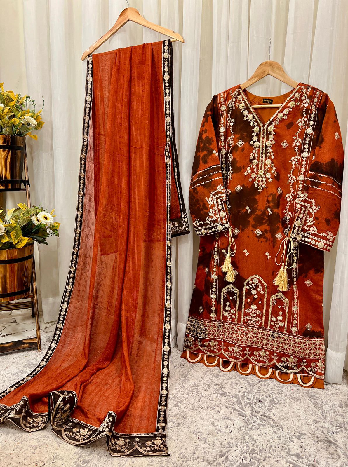 Cotton Net Embroidered Shirt & Dupatta