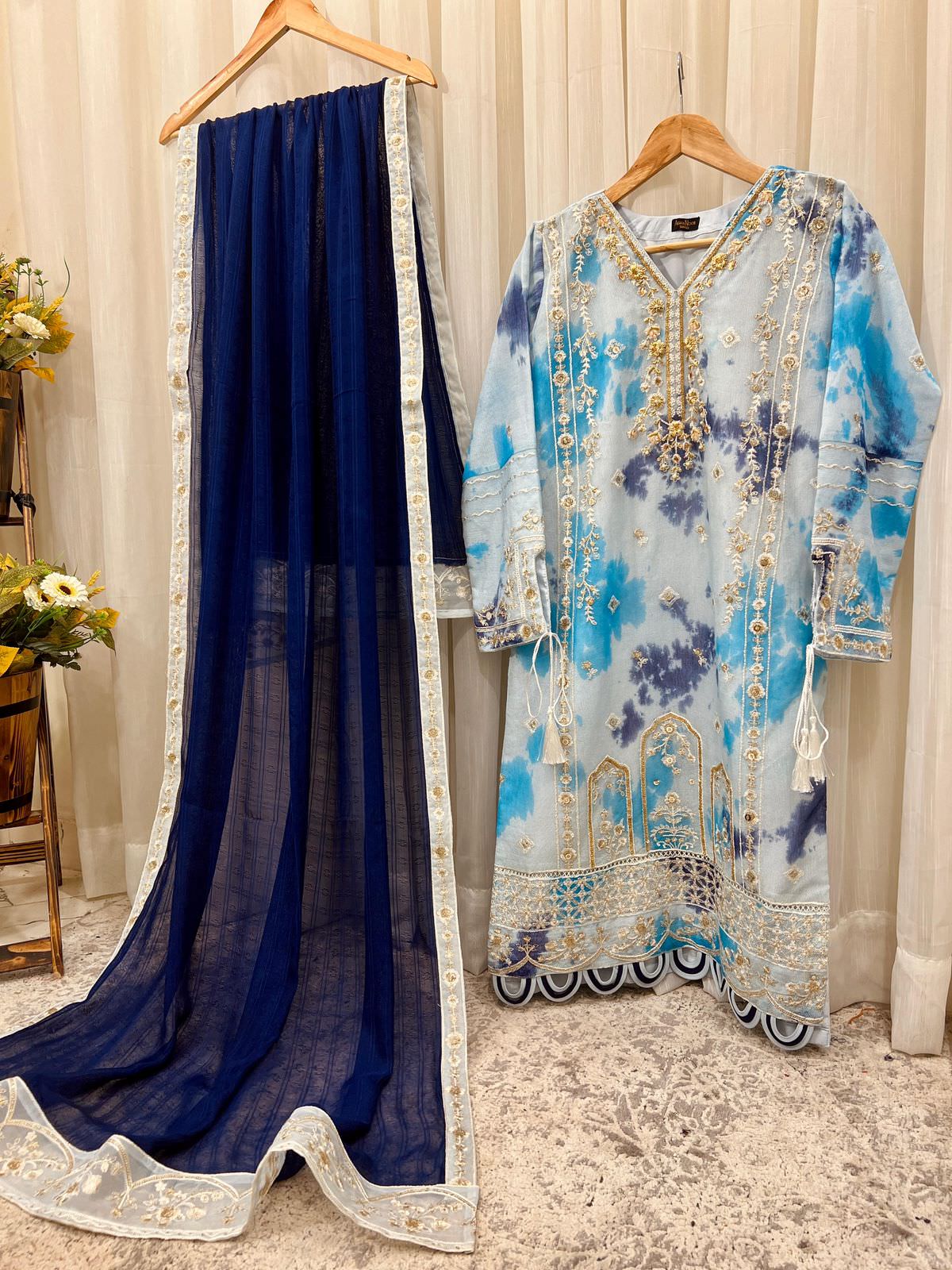 Cotton Net Embroidered Shirt & Dupatta
