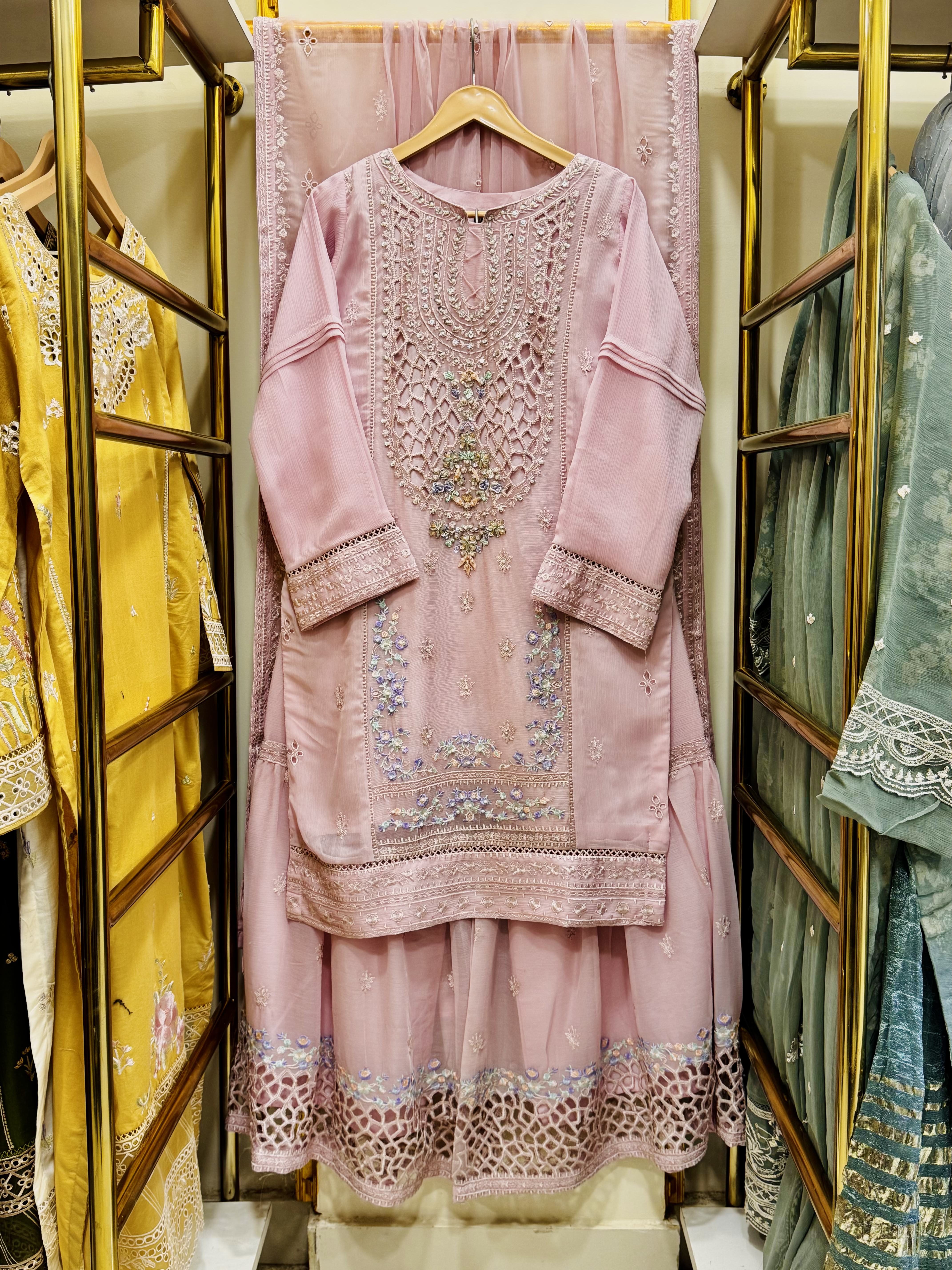 Chiffon Gharara Embroidered 3-Piece Suit