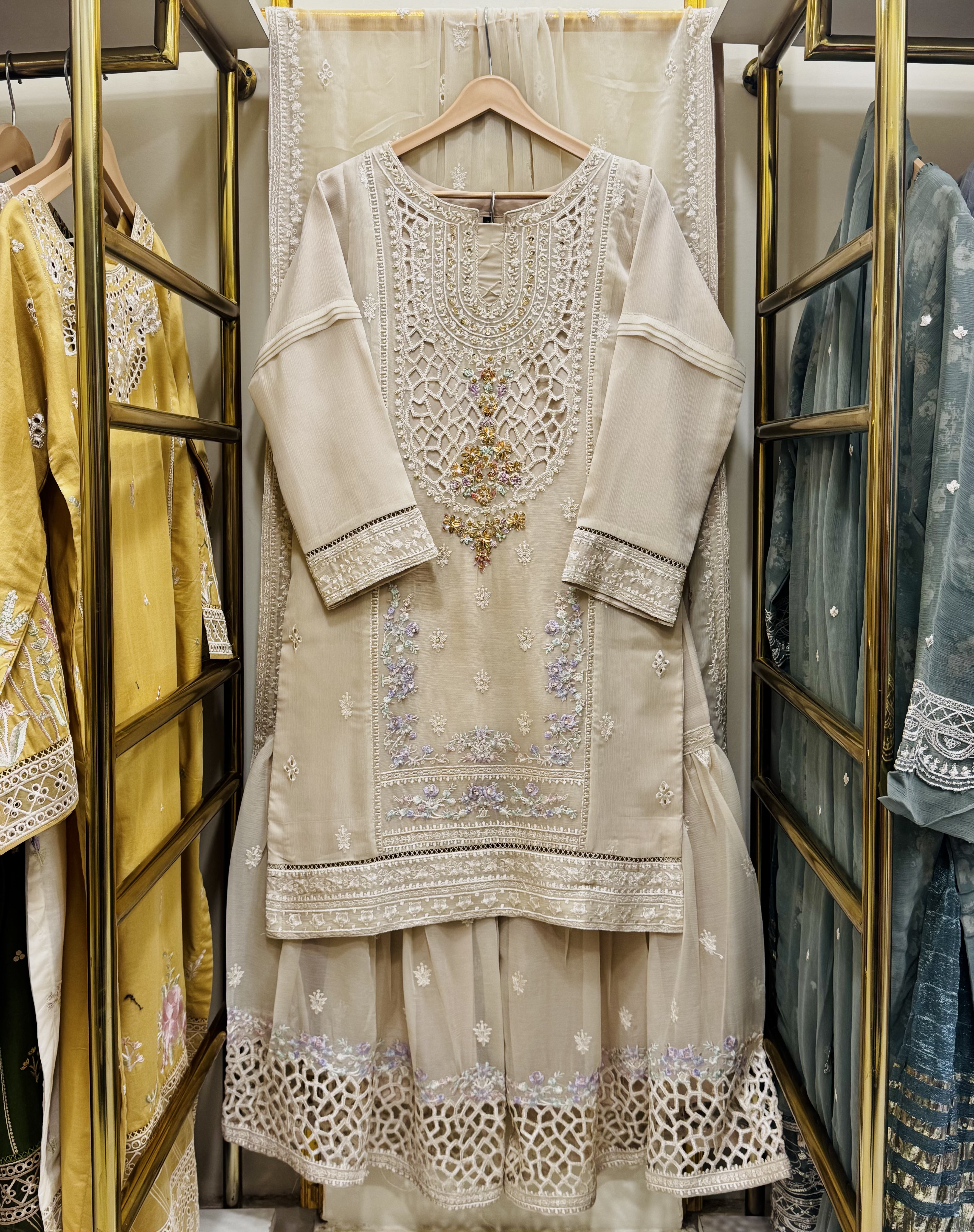 Chiffon Gharara Embroidered 3-Piece Suit