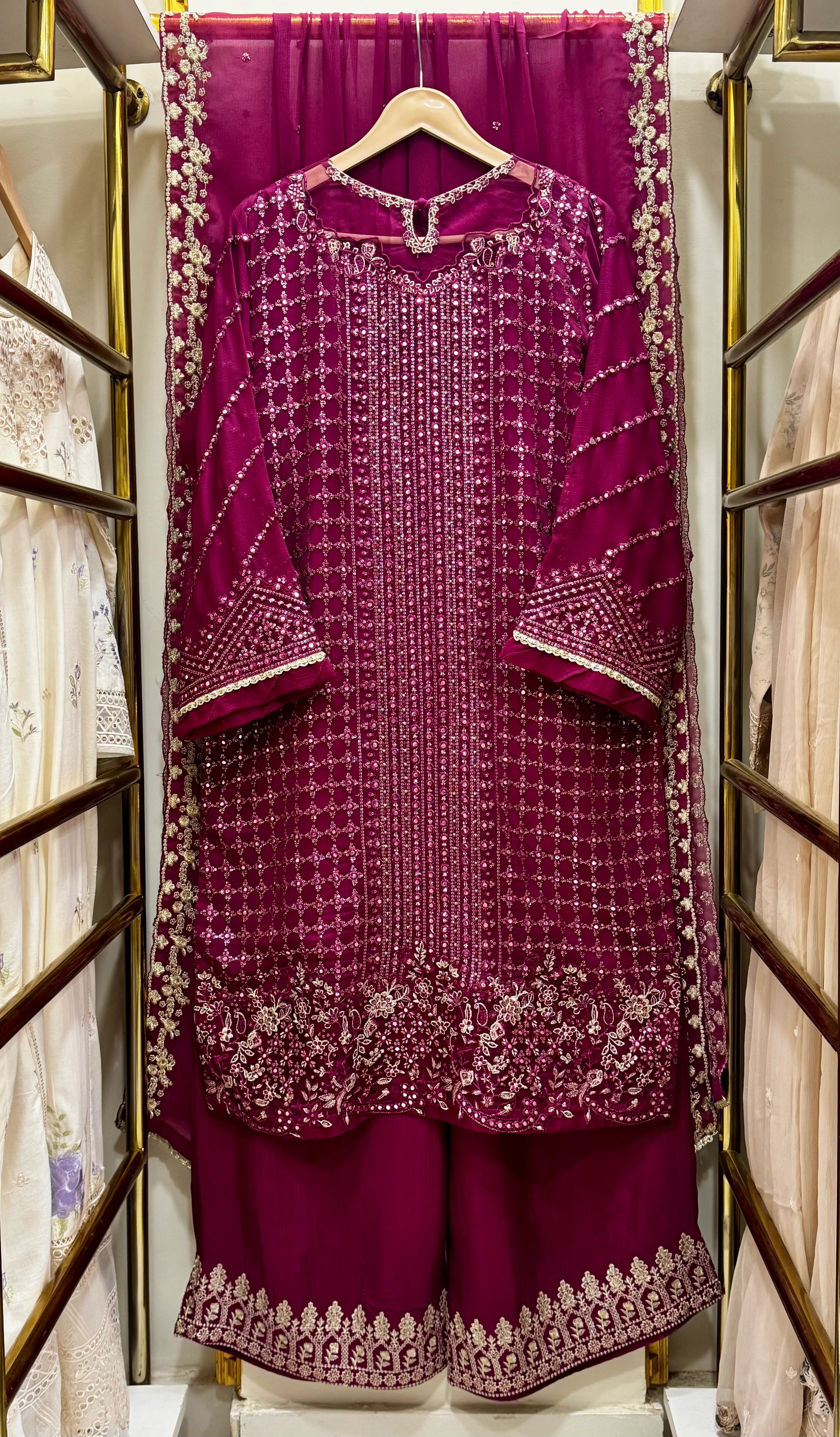 Luxury Ruby Radiance Chiffon Embroidered 3-Piece Suit