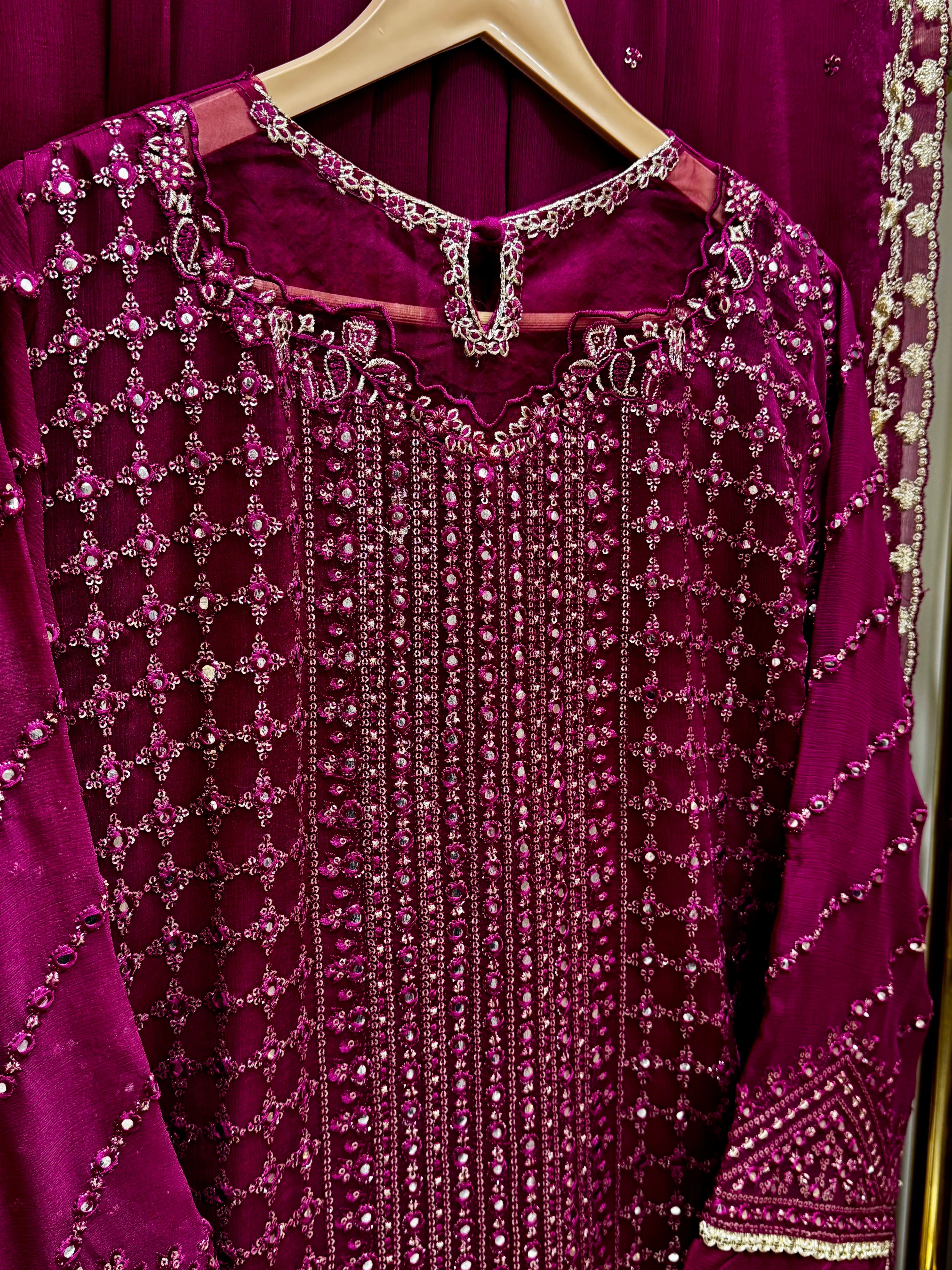 Luxury Ruby Radiance Chiffon Embroidered 3-Piece Suit