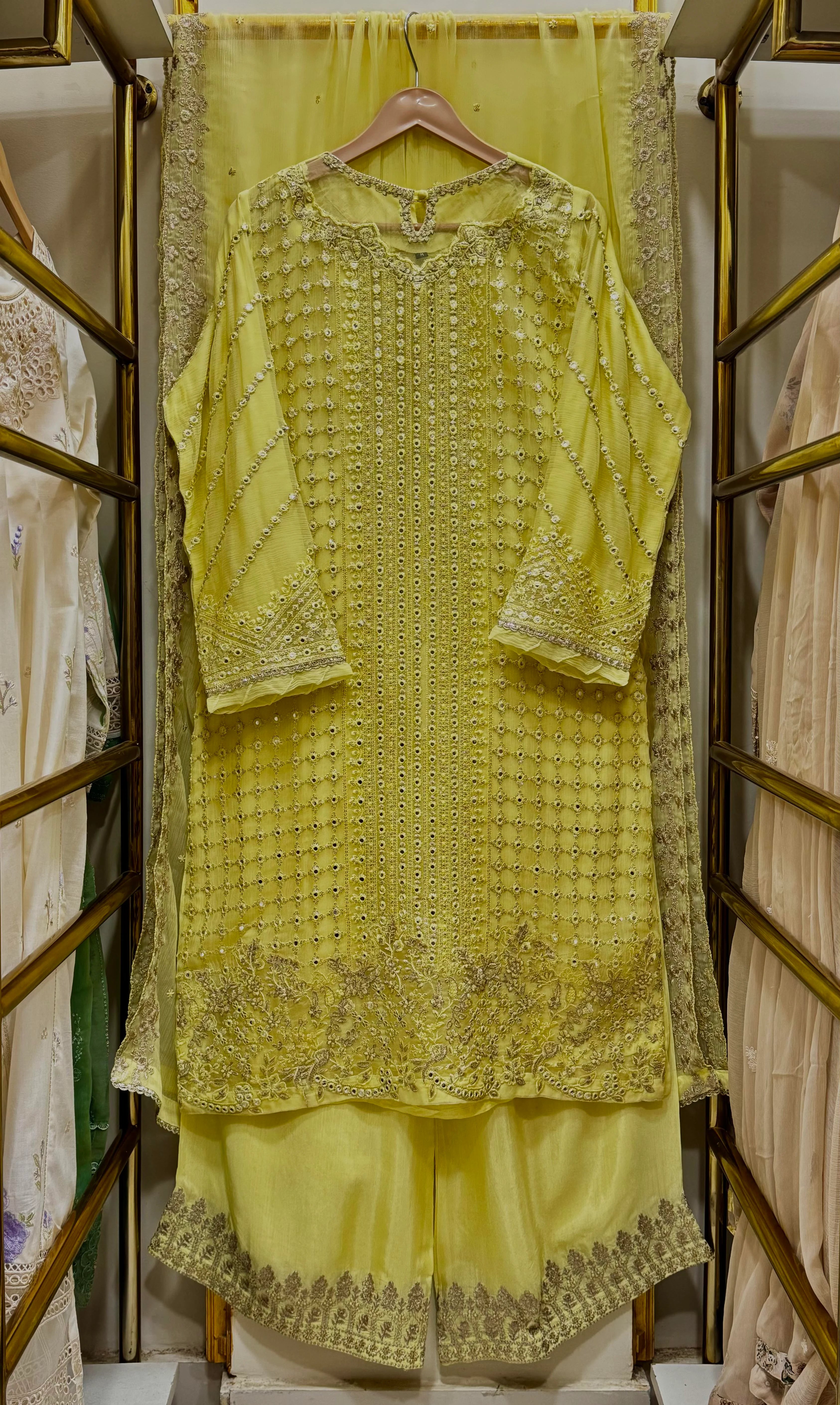 Luxury Golden Ember Chiffon Embroidered 3-Piece Suit