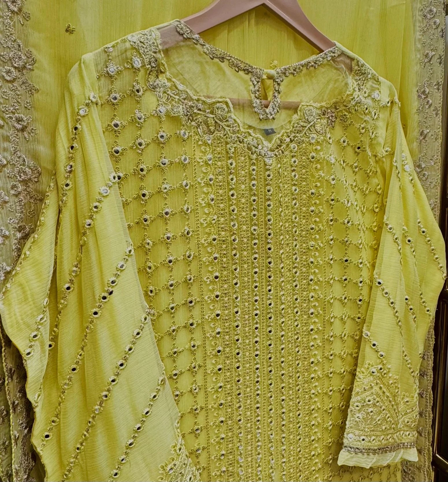 Luxury Golden Ember Chiffon Embroidered 3-Piece Suit