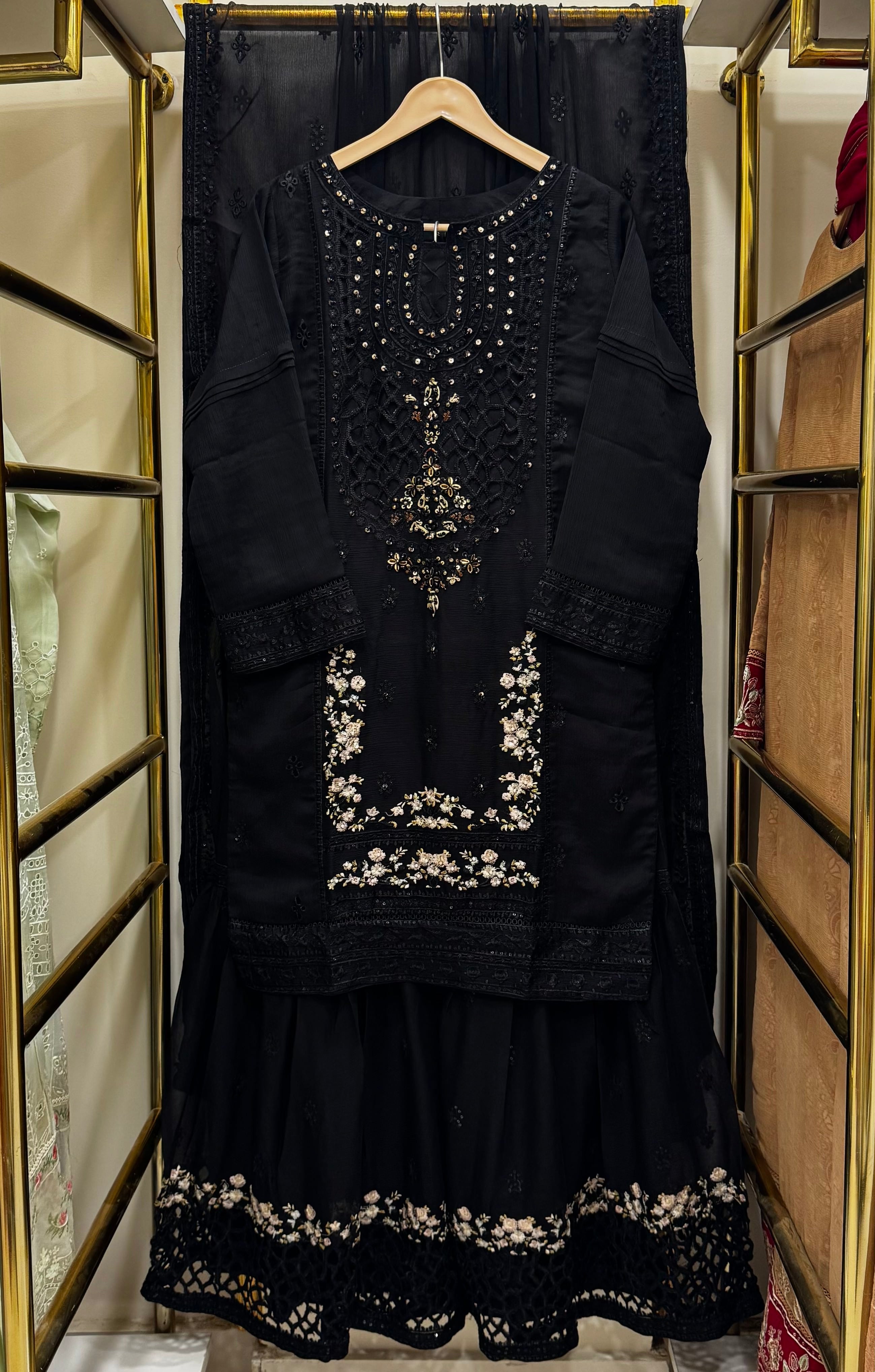 Chiffon Gharara Embroidered 3-Piece Suit