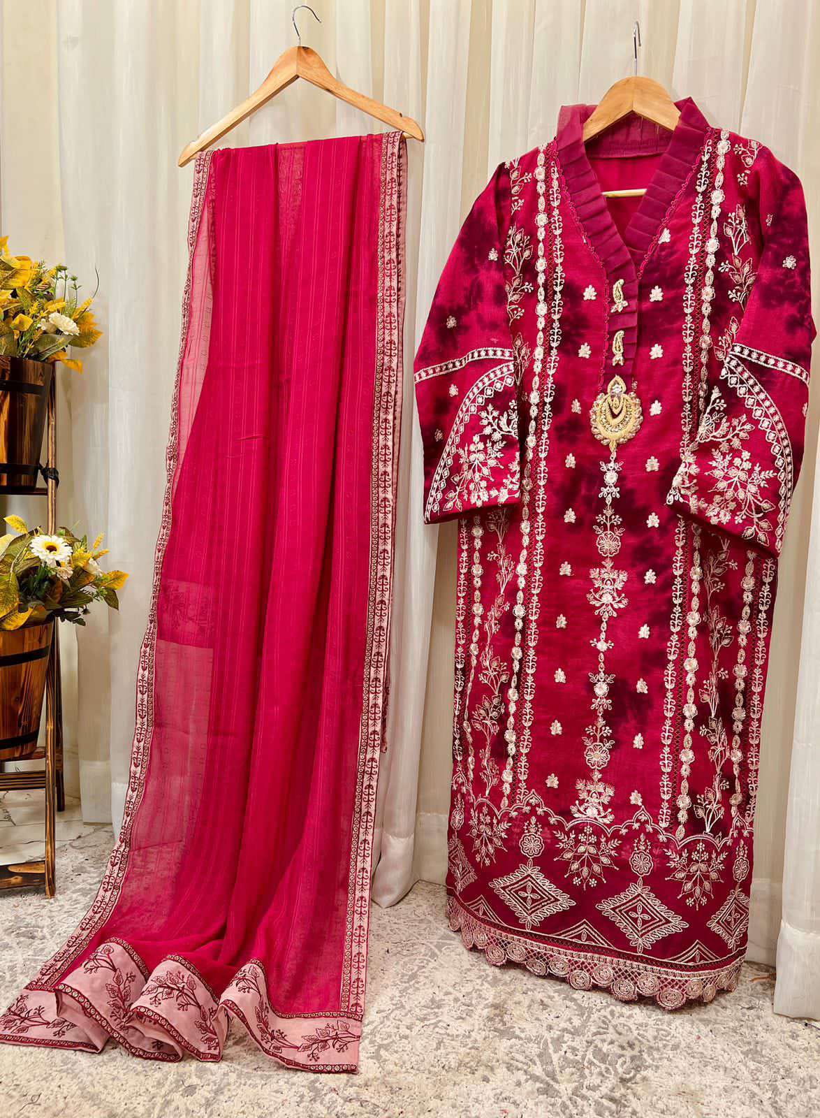 Cotton Net Embroidered Shirt & Dupatta