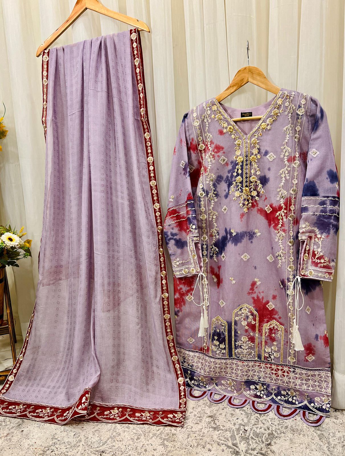 Cotton Net Embroidered Shirt & Dupatta