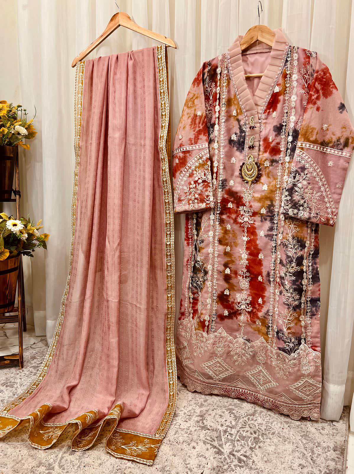 Cotton Net Embroidered Shirt & Dupatta