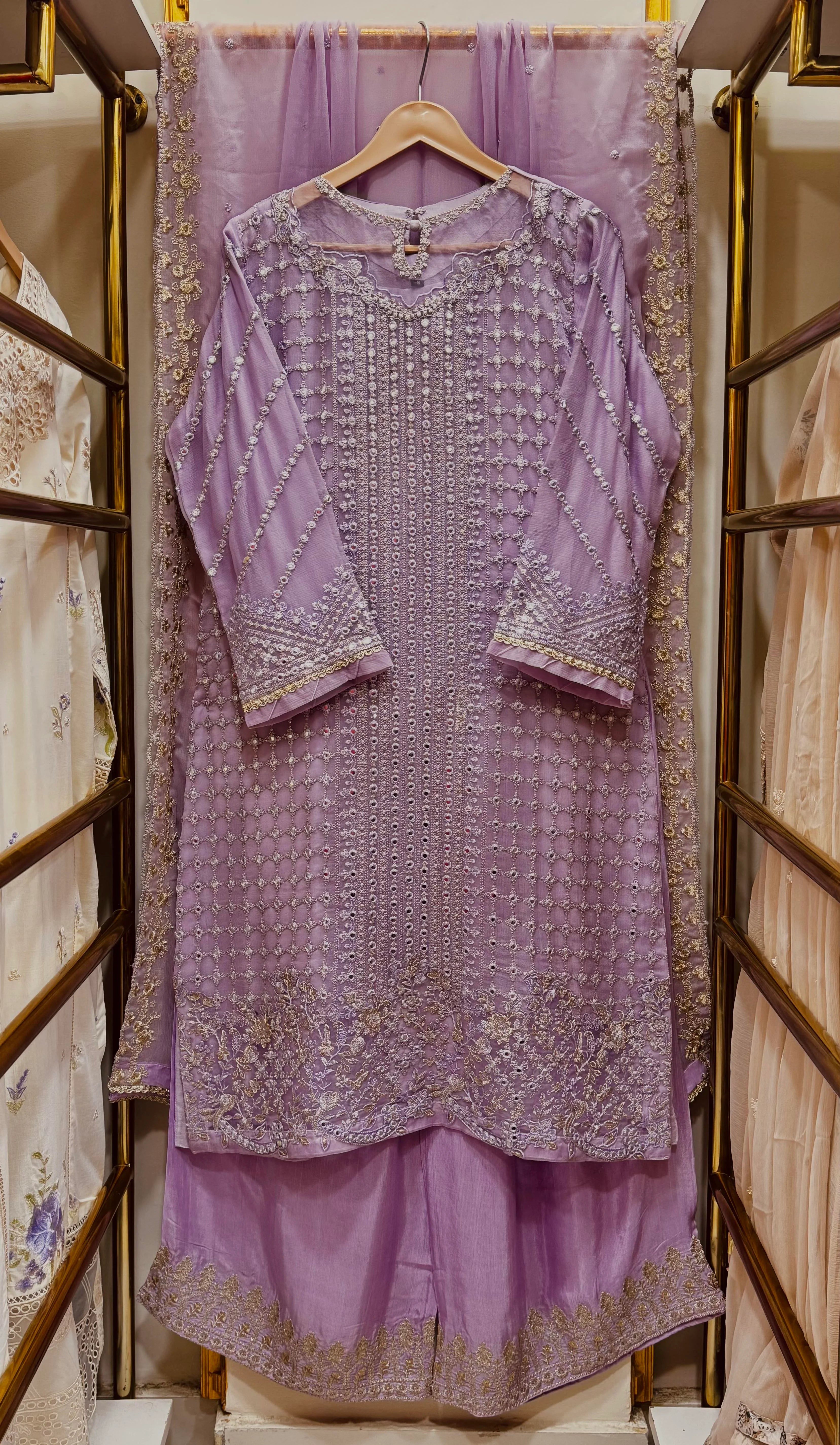 Luxury Lavender Glow Chiffon Embroidered 3-Piece Suit